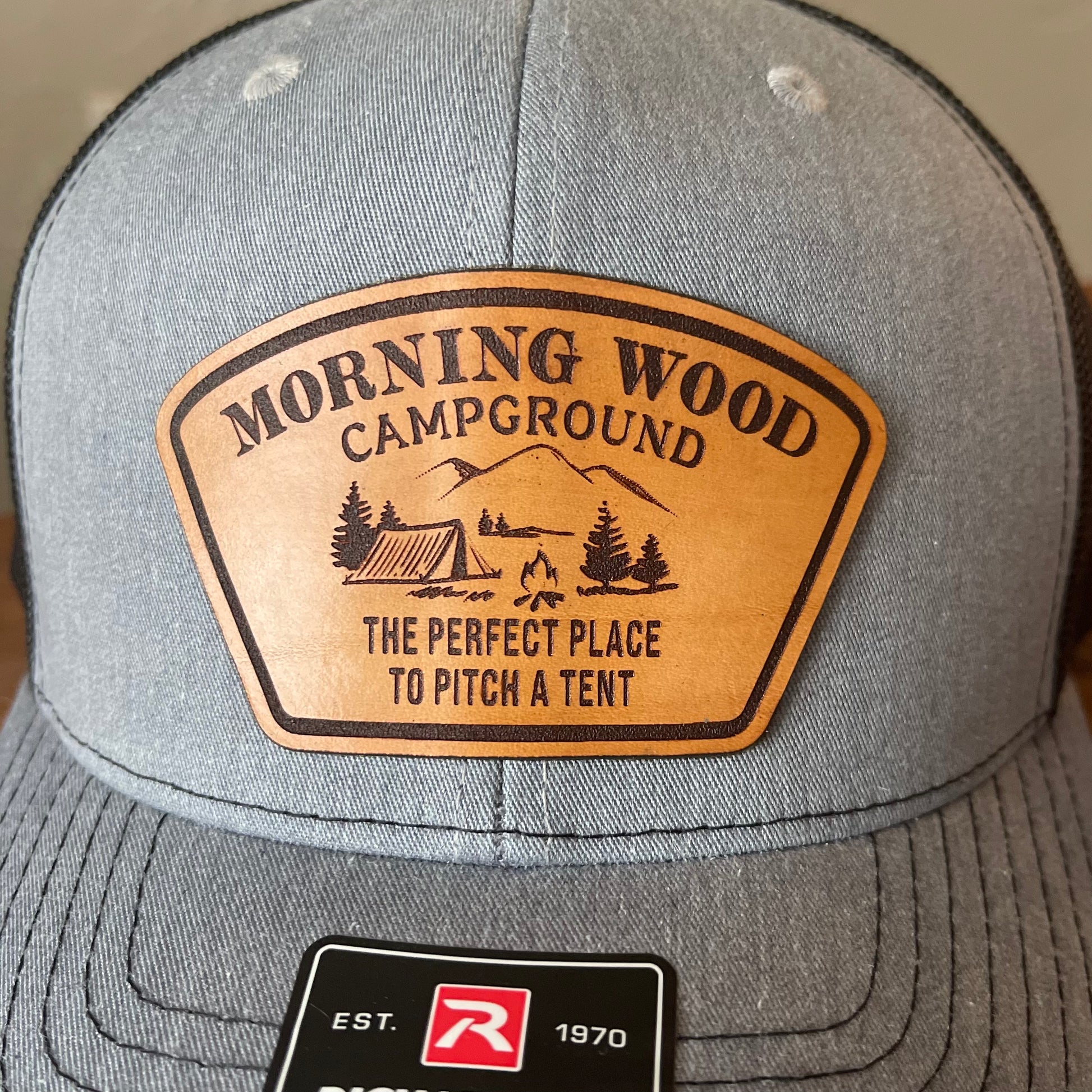 HEATHER GREY & CHARCOAL LEATHER PATCH HAT - MorningWood Company - Custom  Woodworker - Jacksonville, FL – MorningWood Co.